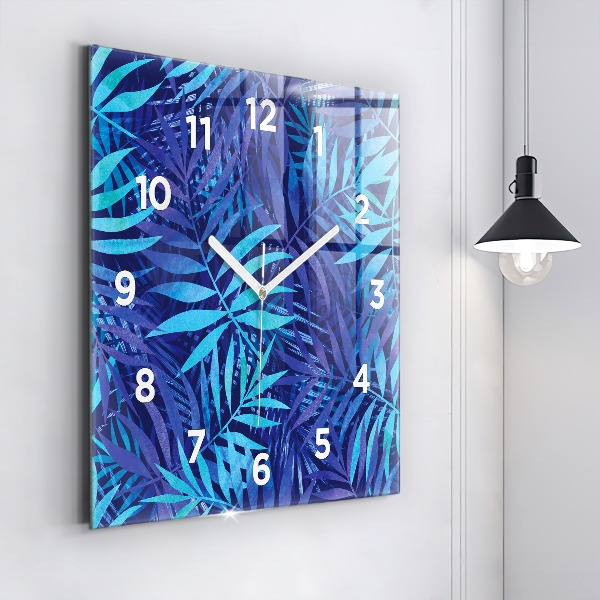 Square glass wall clock Blue leaves
