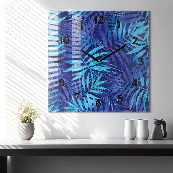 Square glass wall clock Blue leaves