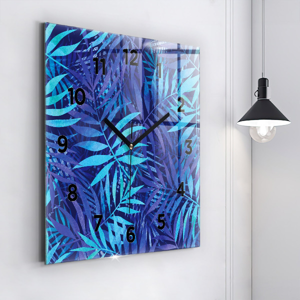 Square glass wall clock Blue leaves