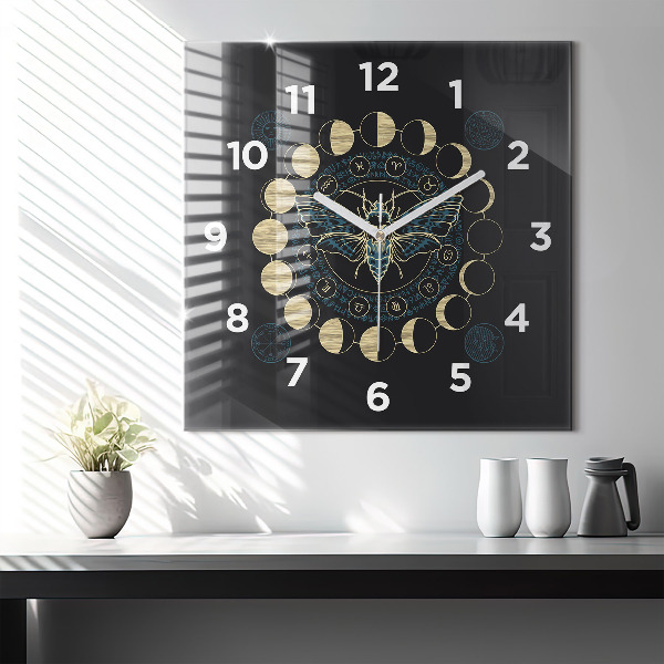 Square glass wall clock Moon Phases and Insect