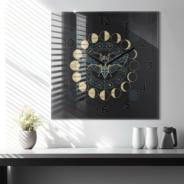 Square glass wall clock Moon Phases and Insect