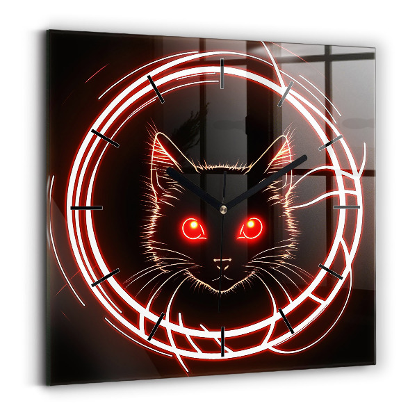 Square glass wall clock Cat with red eyes
