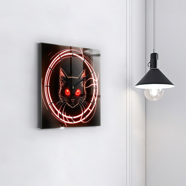 Square glass wall clock Cat with red eyes