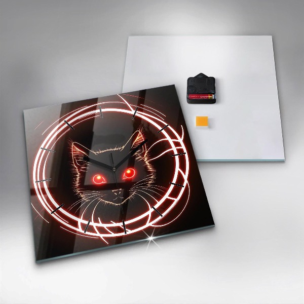 Square glass wall clock Cat with red eyes
