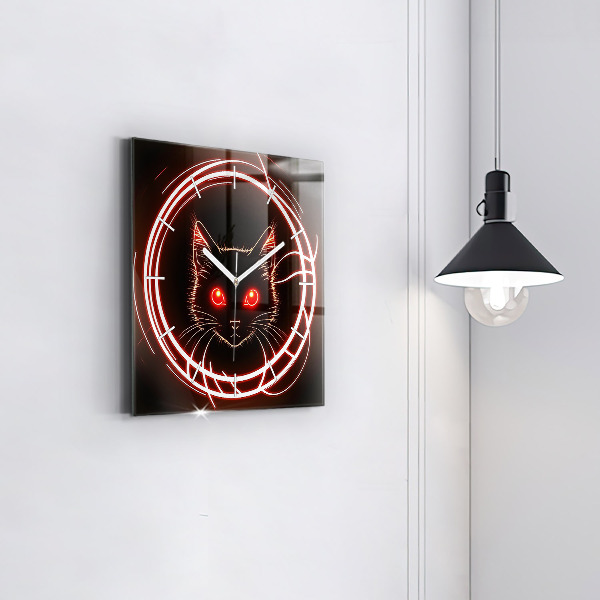 Square glass wall clock Cat with red eyes