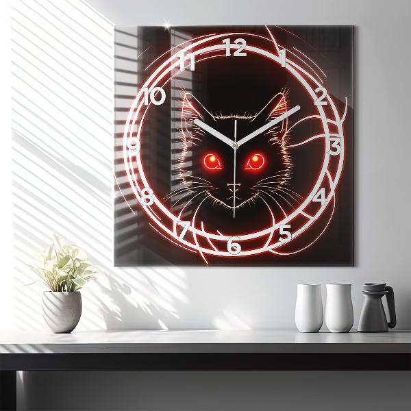 Square glass wall clock Cat with red eyes