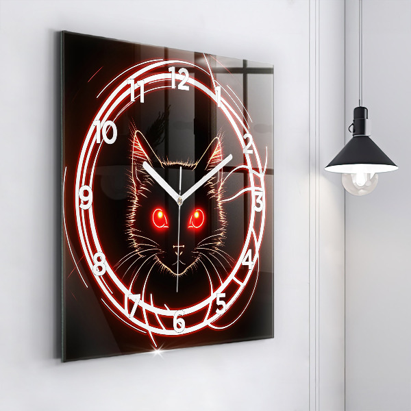 Square glass wall clock Cat with red eyes