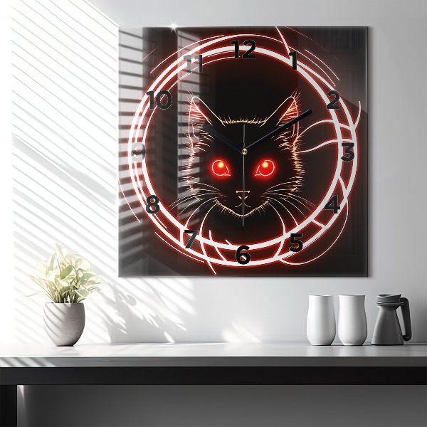 Square glass wall clock Cat with red eyes