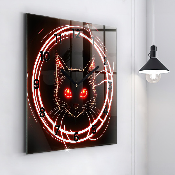 Square glass wall clock Cat with red eyes