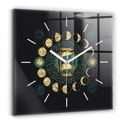 Square glass wall clock Moon phases and hourglass