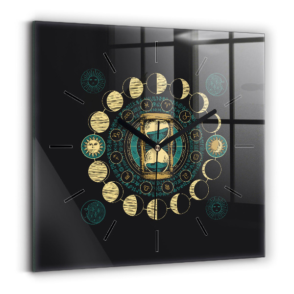 Square glass wall clock Moon phases and hourglass