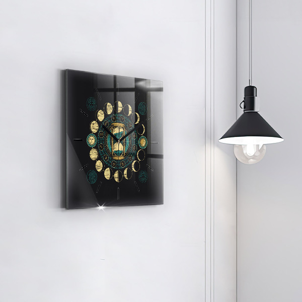 Square glass wall clock Moon phases and hourglass