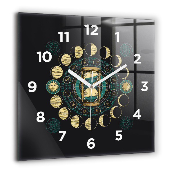Square glass wall clock Moon phases and hourglass