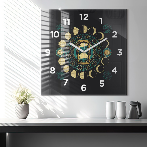 Square glass wall clock Moon phases and hourglass