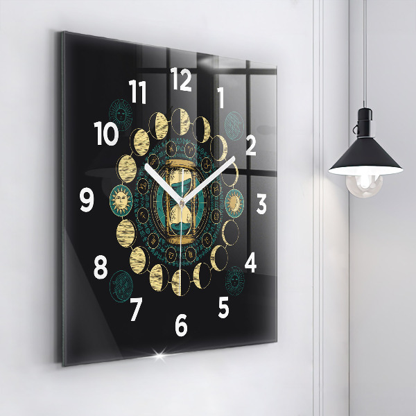 Square glass wall clock Moon phases and hourglass