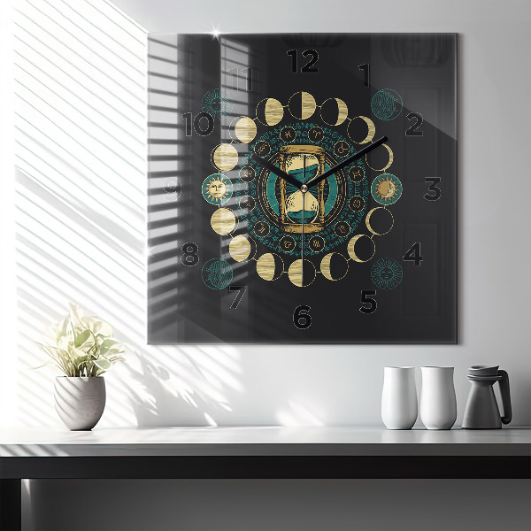 Square glass wall clock Moon phases and hourglass