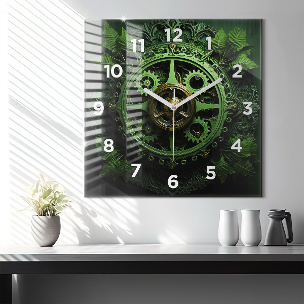 Square glass wall clock Green mechanism