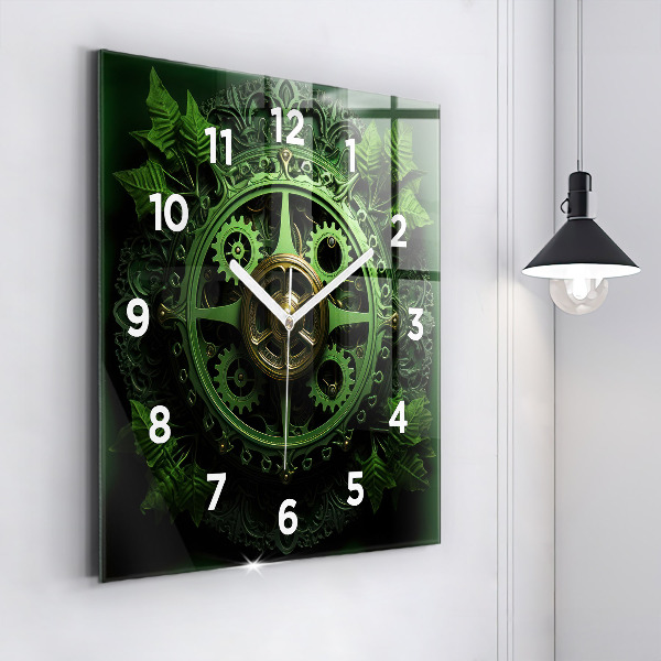 Square glass wall clock Green mechanism