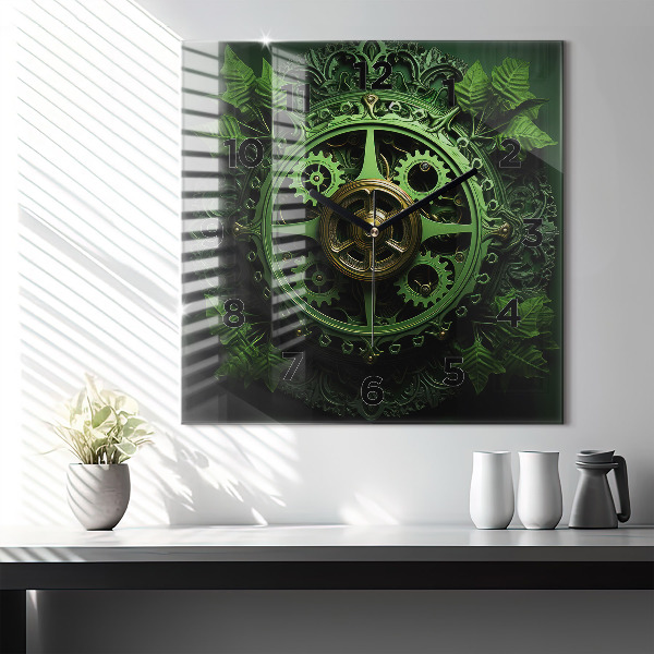 Square glass wall clock Green mechanism