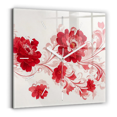 Square glass wall clock Red flowers