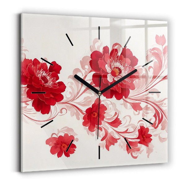 Square glass wall clock Red flowers