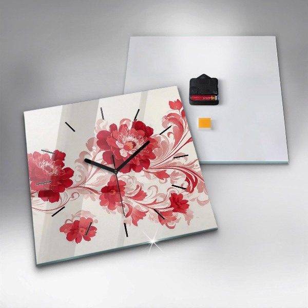 Square glass wall clock Red flowers