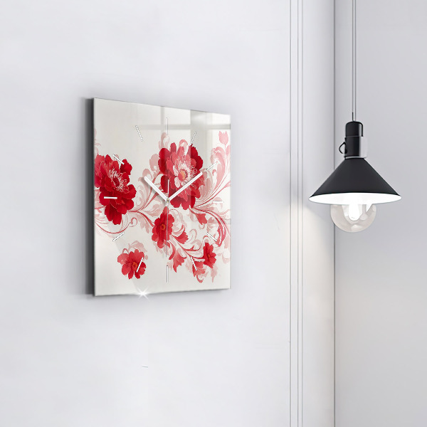 Square glass wall clock Red flowers