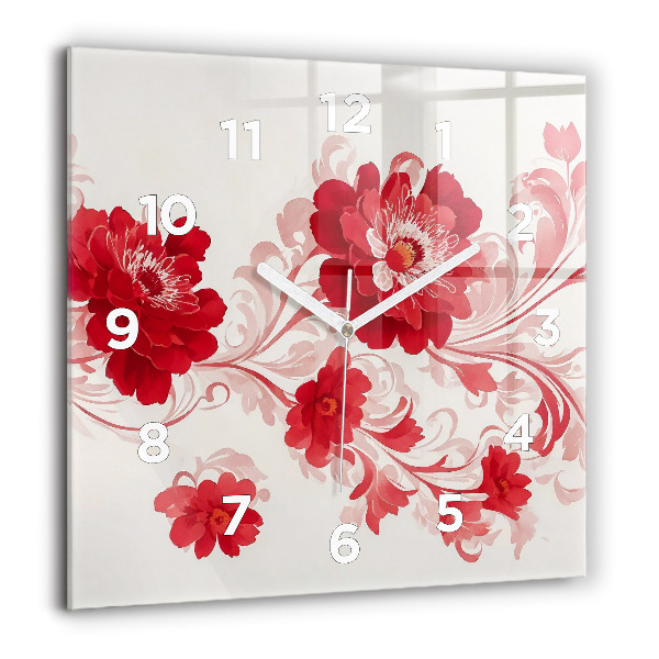 Square glass wall clock Red flowers