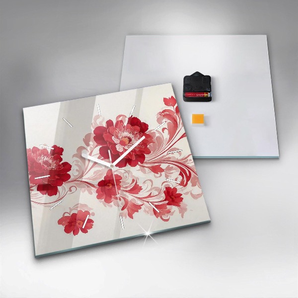 Square glass wall clock Red flowers