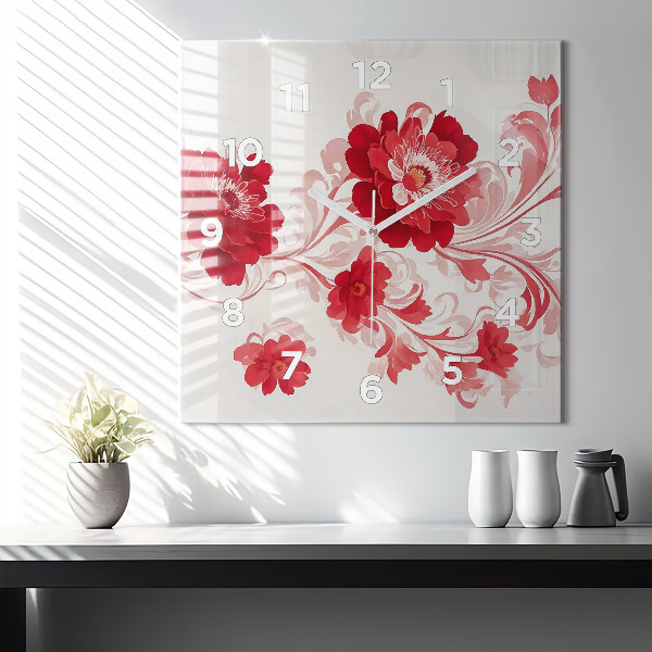 Square glass wall clock Red flowers