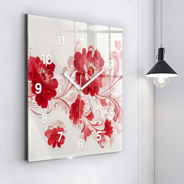 Square glass wall clock Red flowers