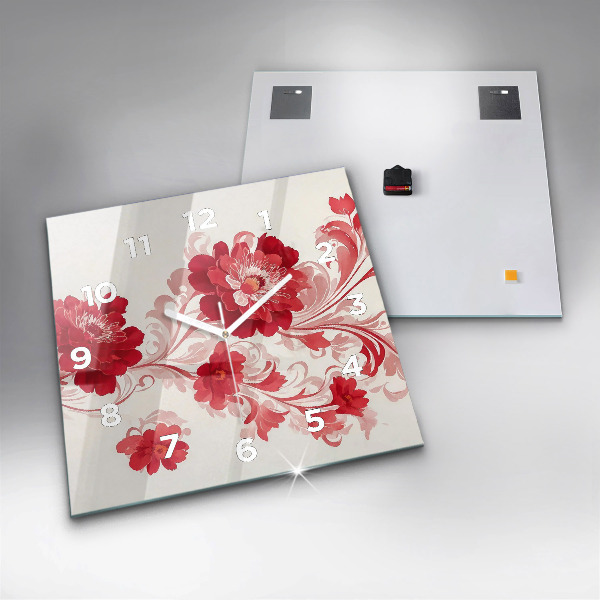 Square glass wall clock Red flowers