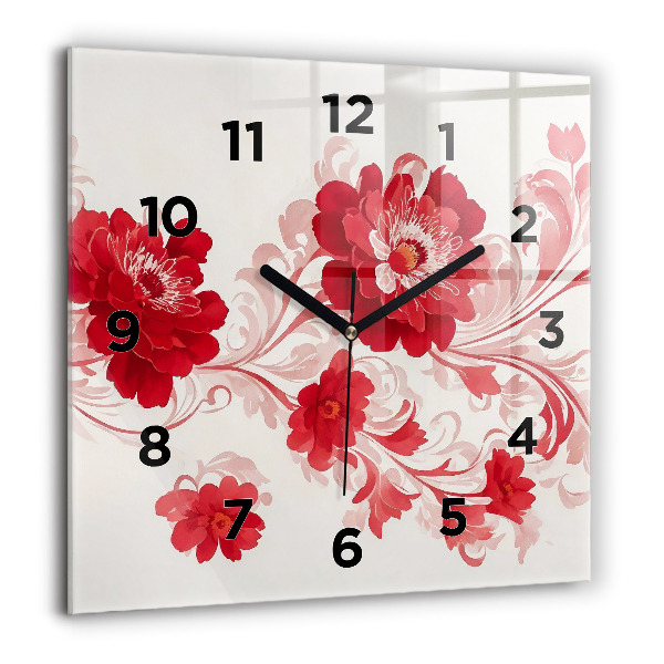 Square glass wall clock Red flowers