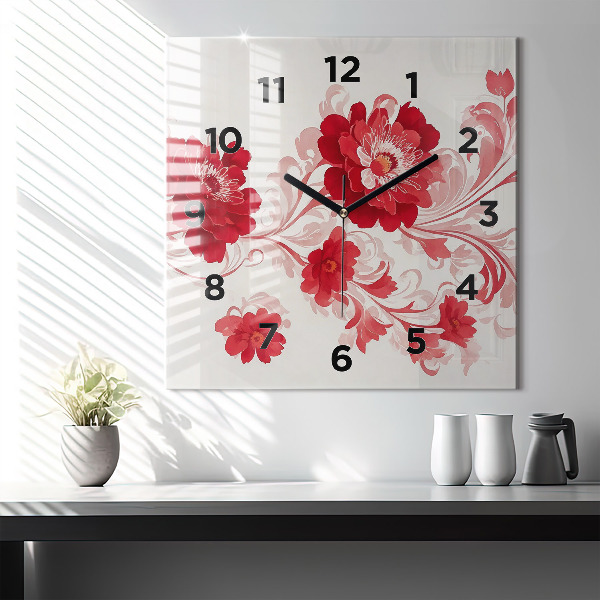 Square glass wall clock Red flowers
