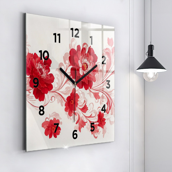 Square glass wall clock Red flowers