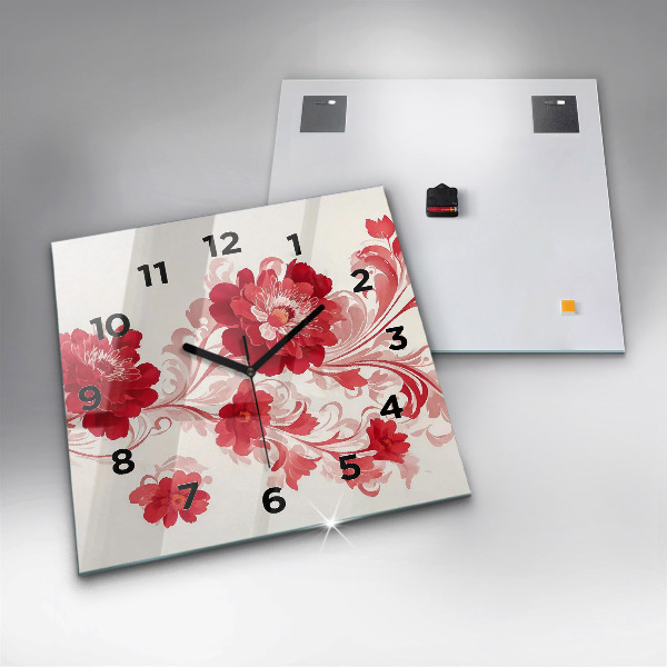 Square glass wall clock Red flowers