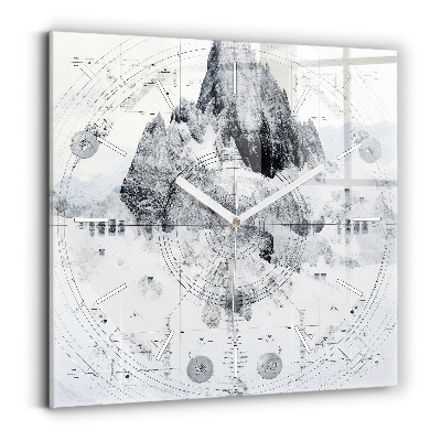 Square glass wall clock Cartoon mountains