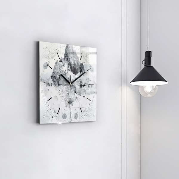Square glass wall clock Cartoon mountains