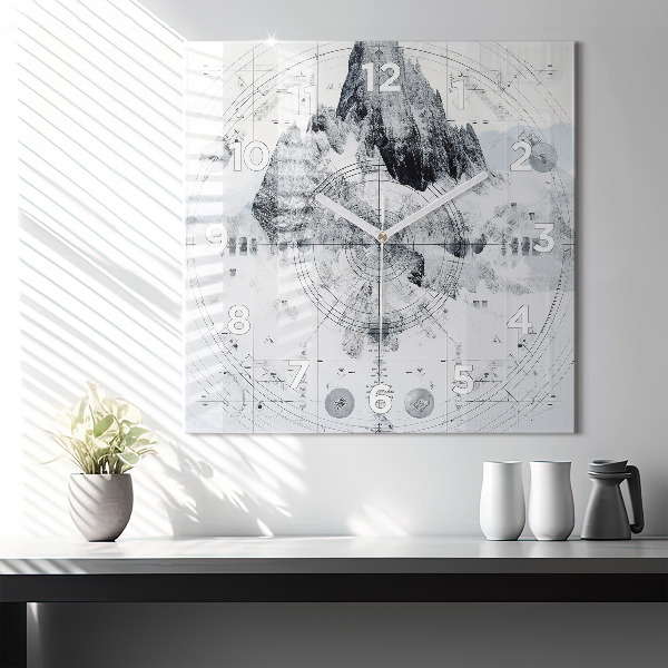 Square glass wall clock Cartoon mountains