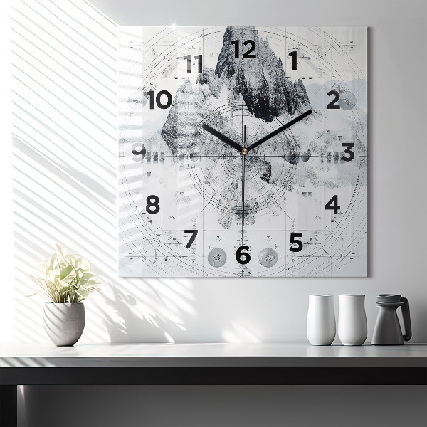 Square glass wall clock Cartoon mountains