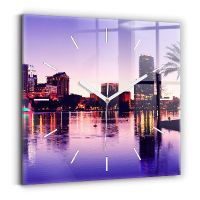 Square glass wall clock Evening panorama of the city