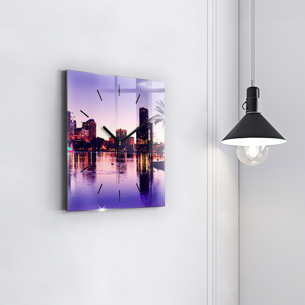 Square glass wall clock Evening panorama of the city