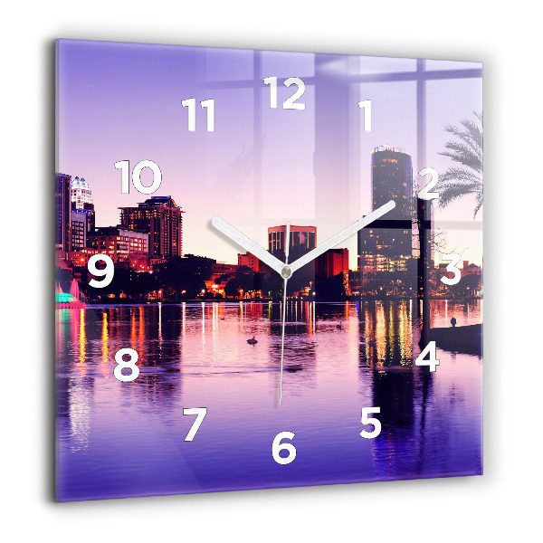 Square glass wall clock Evening panorama of the city