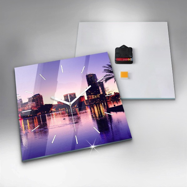 Square glass wall clock Evening panorama of the city