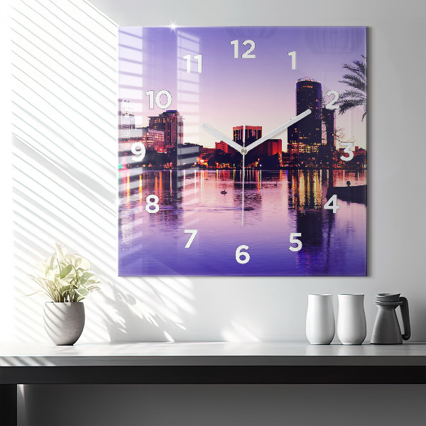 Square glass wall clock Evening panorama of the city