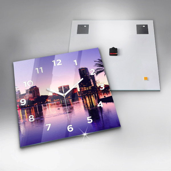 Square glass wall clock Evening panorama of the city