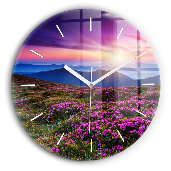 Round glass clock Sunrise and flowers