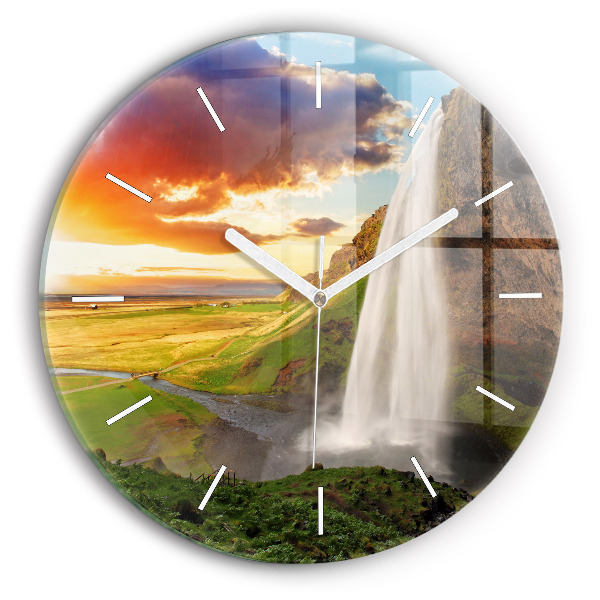 Round glass clock Waterfall in Iceland