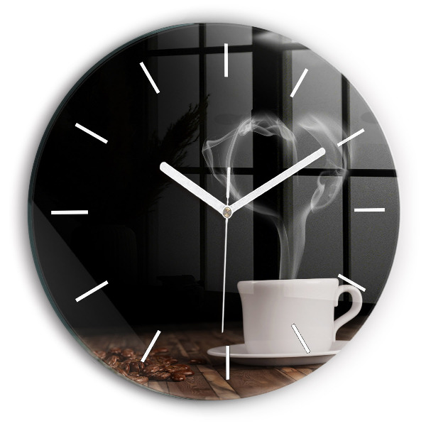 Round glass clock A cup of hot coffee