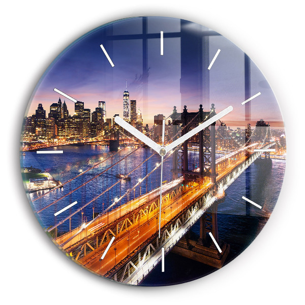 Round glass clock New York and the sunset